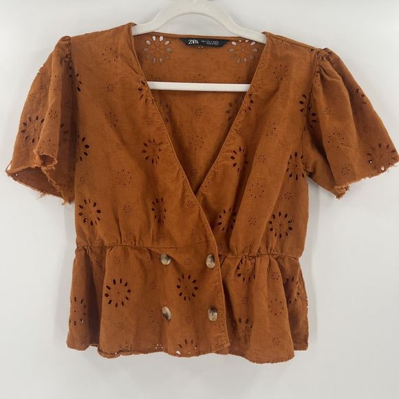 Zara Eyelet Puff Sleeve Wrap Blouse Cinnamon Rust Size Small - Picture 2 of 5
